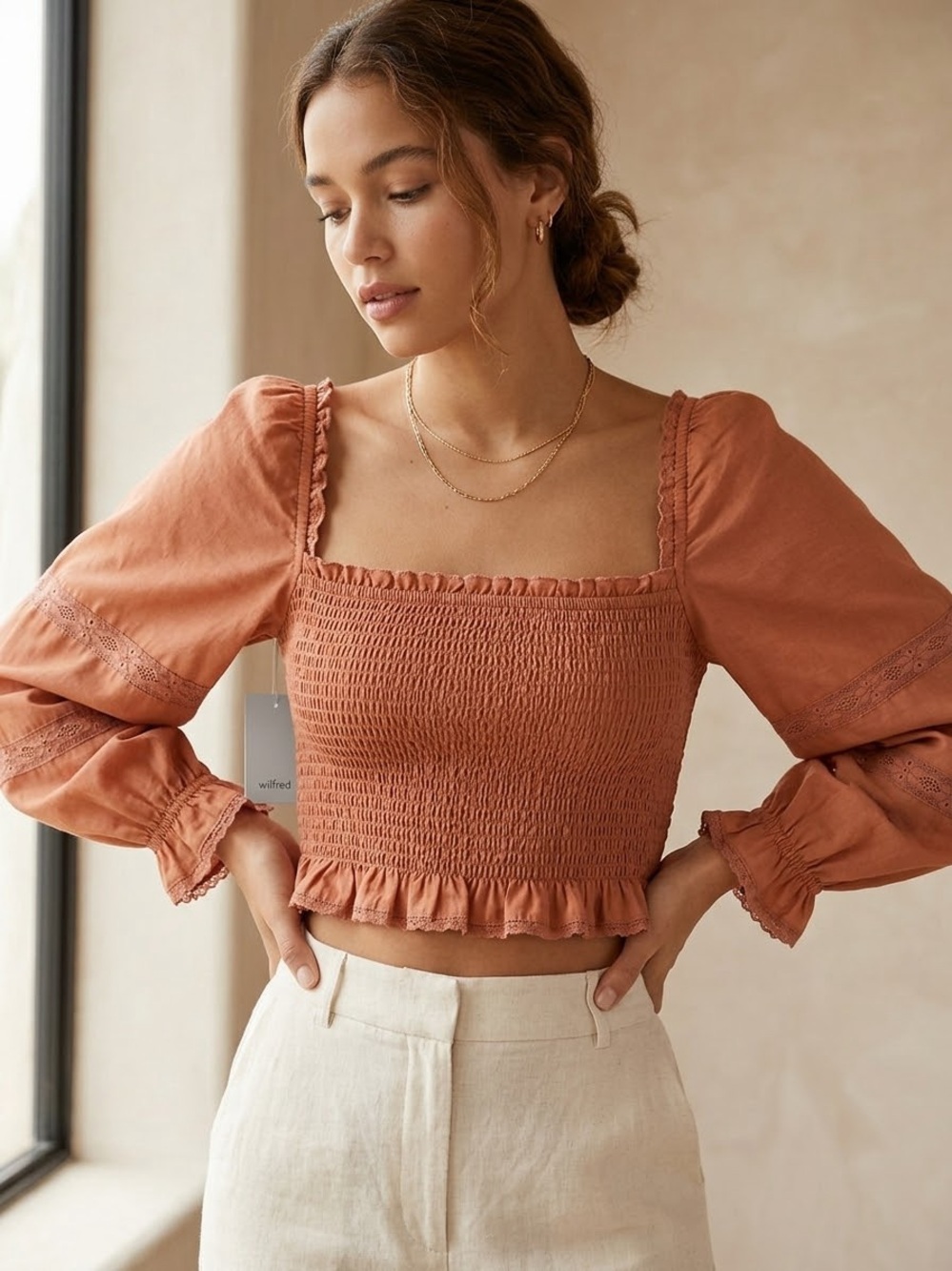 Aritzia Wilfred Soirée Rust Smocked Square-Neck Long Sleeve Crop Top